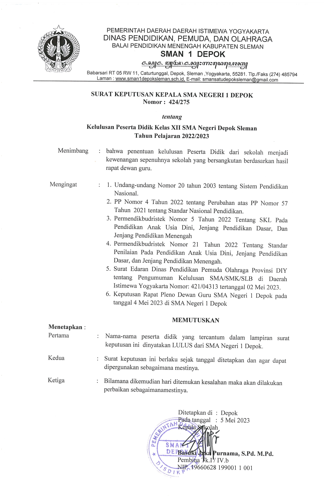 PENGUMUMAN KELULUSAN SISWA KELAS XII TAHUN PELAJARAN 2022/2023 | SMA ...